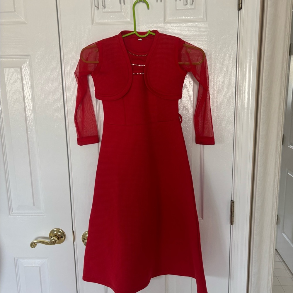 Elegant Red Kids Dress with Sheer Sleeves